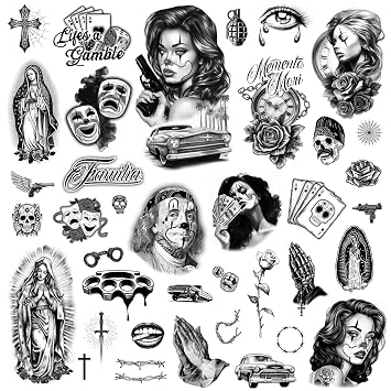 Los Vatos Chicano Vol. I - Cholo and Chola Temporary Tattoos For Men Women, Payasa, Lowrider, Virgin Mary, Prayer, Cross, Chicana, Gangster, Fake Tattoo, Dia de Muertos, Tatuajes Temporales