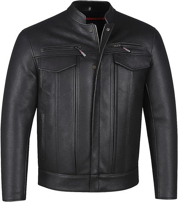 COMMUTER Men's Motorcycle Jacket, Premium Buffalo Leather, CE Armor - Ventilation, Utility Pockets, Cruiser Biker Black M