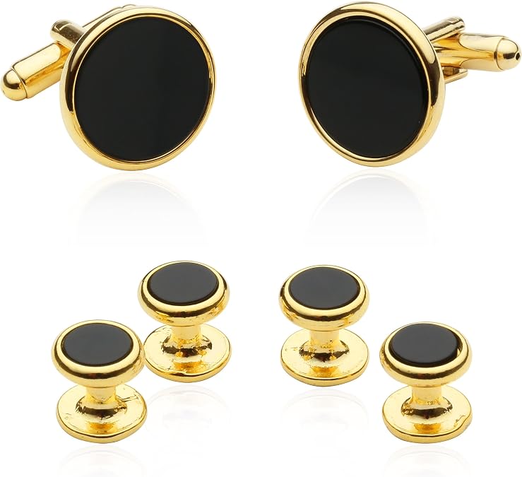 Cuff-Daddy Mens Black Onyx Gold Tuxedo Cufflinks and Studs with Travel Presentation Gift Box - Black Gold Formal Set Tux Buttons for Wedding Party
