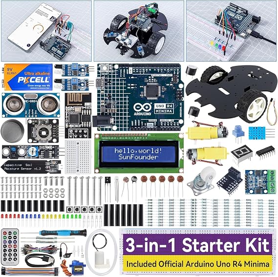 SunFounder 3-in-1 Super Starter Kit with Original Arduino Uno R4 Minima, IoT&Smart Car Projects, ESP8266 WiFi, 50+ Step-by-Step Tutorials for Beginners to Engineers, RoHS Compliant