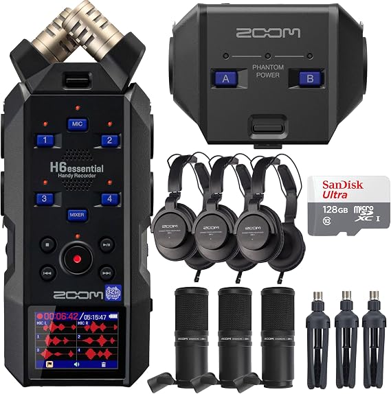 Zoom H6essential 6-Track 32-Bit Float Podcast Bundle w/ 3 ZDM-1 Mics, EXH-6e & 128GB Card