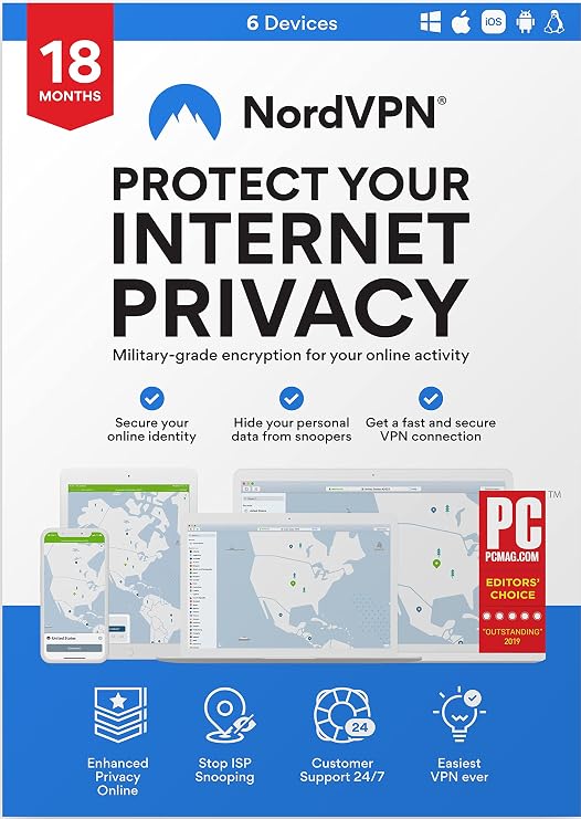 NordVPN Standard 18-Month VPN & Cybersecurity Software Subscription For 6 Devices - Block Malware, Malicious Links & Ads, Protect Personal Information | PC/Mac/Mobile | Activation code via Mail