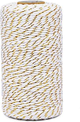 Leecogo Cotton Twine Gold and White Baker String 2mm Thick 328 Feet Christmas Twine for Gift Wrapping DIY Crafts Home Party Decoration Gardening