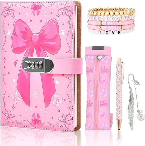 Diary with Lock for Girls Teenager，Pink Secret Diary Set with Bracelet Pen Bookmark Pencil Case,200 Pages Kids Journal with Lock,Back to School Birthday Gifts for 6 7 8 9 10 11 12 13 14 Year Old Girls