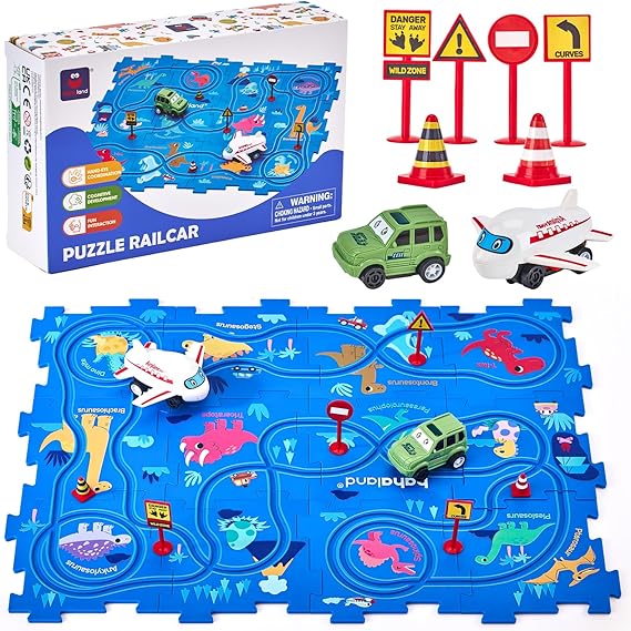 hahaland Dinosaur Puzzle Racer Car Track Set for 3+ Year Old Boys,