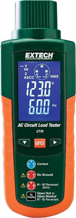 Extech CT70 GFCI and AC Circuit Analyzer - Professional Receptacle Tester with Voltage Drop, Line Impedance, and AC Load Simulation (12A, 15A, 20A) - Backlit LCD with Red Failure Alert