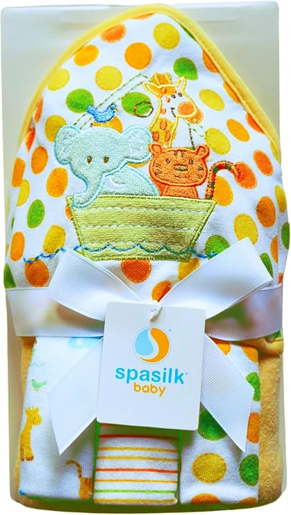 Spasilk Hooded Bath Towel and Washcloths Set for Newborns, 1 Soft Terry Baby Towel and 3 Baby Washcloths, Baby Essentials, Ideal, One Size, Yellow Ark