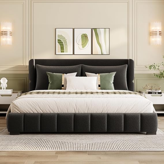 Floor Upholstered Platform Bed with Wingback Thick Headboard and 2 Pillows,Queen Size Grounded Upholstery Platform Bed Frame with Tufted Design and Slats Support,No Box Spring Needed,Black