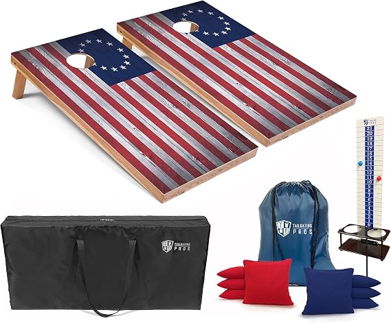 Tailgating Pros 4x2 Regulation Cornhole Boards Flag Set- Includes 8 Bean Bags, Carrying Cases, and Score Keeper - Optional LED Lights