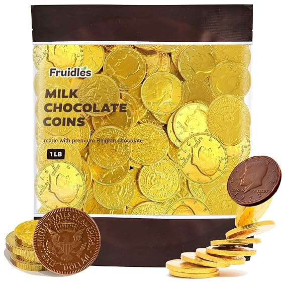 Fruidles Gold Half-Dollar Milk Chocolate Coins Gelt, Made with Premium Belgian Chocolate, Kosher Certified Dairy (1 Pound)