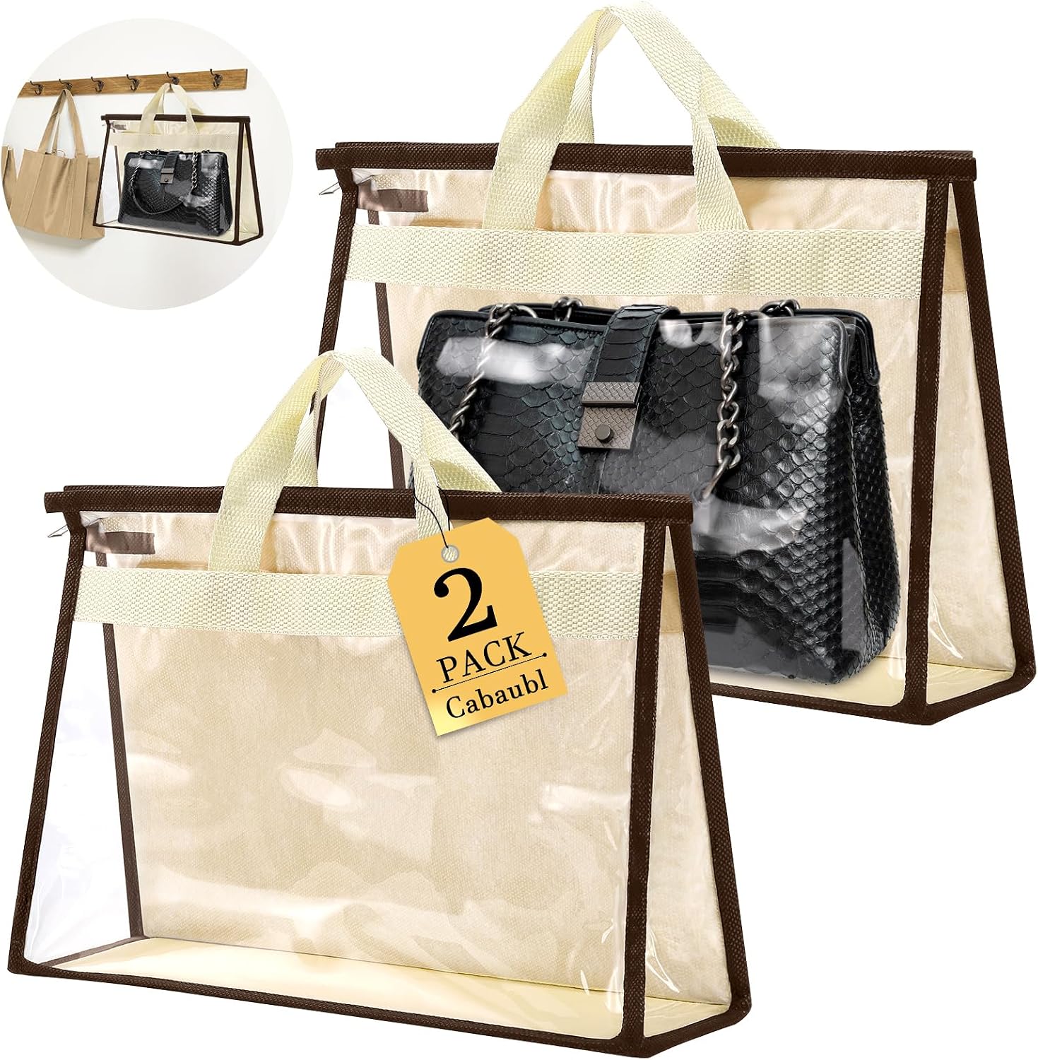 2 Pack XL Size Clear Handbag Storage Organizer Dust Cover Bags, Handbag Dust Bags, Clear Purse Storage Organizer for Closet, with Zipper and Handle