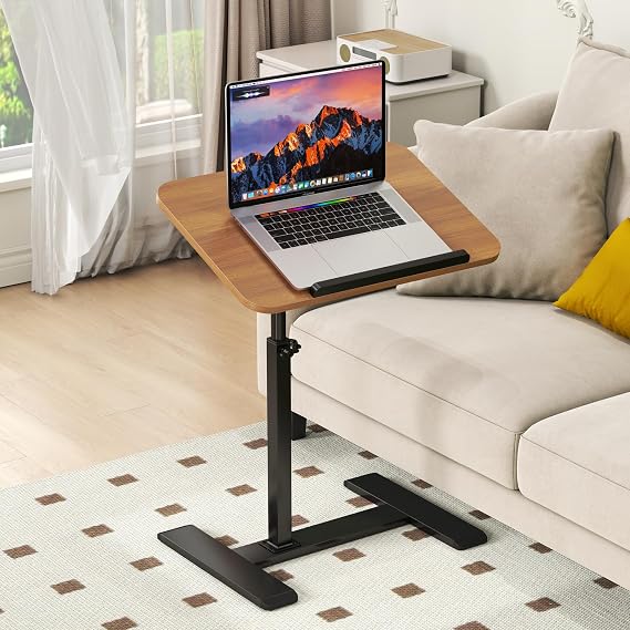 Adjustable Height C Shaped Side Table,360°Swivel Overbed Table,Top Tilting Laptop Stand Table with Hidden Wheels,Mobile Couch End Tables that Slide under,Rolling TV Coffee Table for Sofa/Bed (wood)