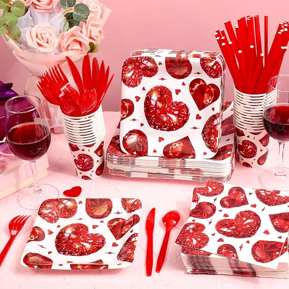 Maxcheck 400 Pcs Valentine's Day Party Supplies Love Heart Diamond Tableware Set for 50 Guests 100 Disposable Paper Plate 50 Paper Cup 50 Napkin 50 Knife 50 Spoon 50 Fork 50 Straw for Valentines Favor