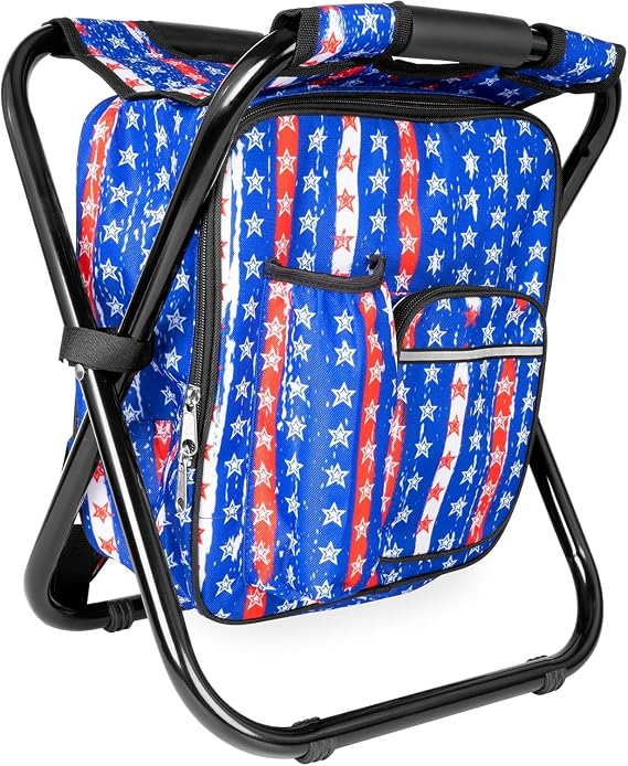 Kikerike Backpack Stool Cooler Chair Heavy Duty 300 LBS Max Load Portable Lightweight Stool Backpack Folding Fishing Cooler Seat for Camping Hunting Fishing - American Flag