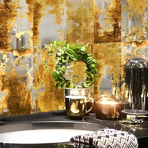 funlife Distressed Antique Mirror Wall Panels, Gold Brown Rectangular 35PCS