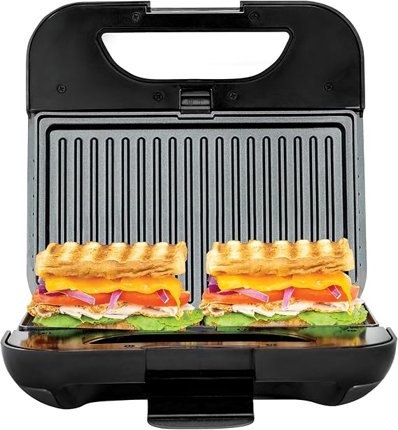 Kalorik 4-In-One Sandwich Grill and Waffle Maker with Interchageable Nonstick Plates and Cool-Touch Handle Perfect for Waffles Grilled Cheese Fried Eggs and More, 800-Watts, Stainless Steel