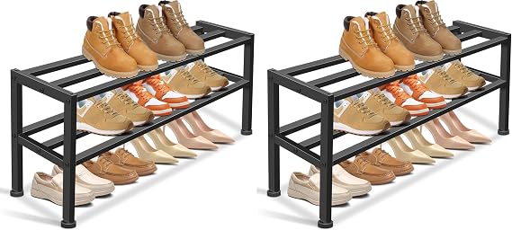 KEETDY Heavy Duty Shoe Rack for Closet Entryway, Stackable Shoe Organizer for Small Space Metal Shoe Rack Shelf Storage for Bedroom, Floor, Outdoor (Black) (Pack of 2)