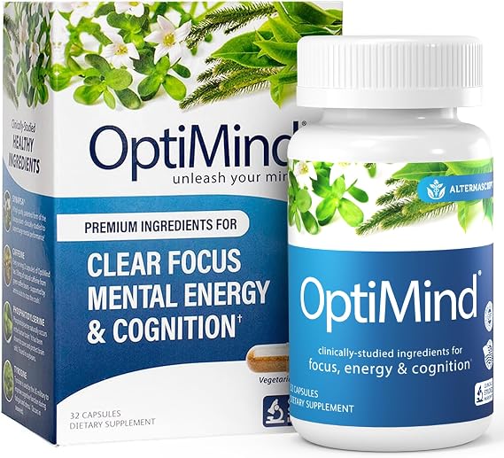 Optimind Nootropic Brain Supplement for Focus, Energy & Memory Clean Caffeine + Synapsa Bacopa, L-Tyrosine & Huperzine A No Crash, Dosed on the Label, 32 Capsules