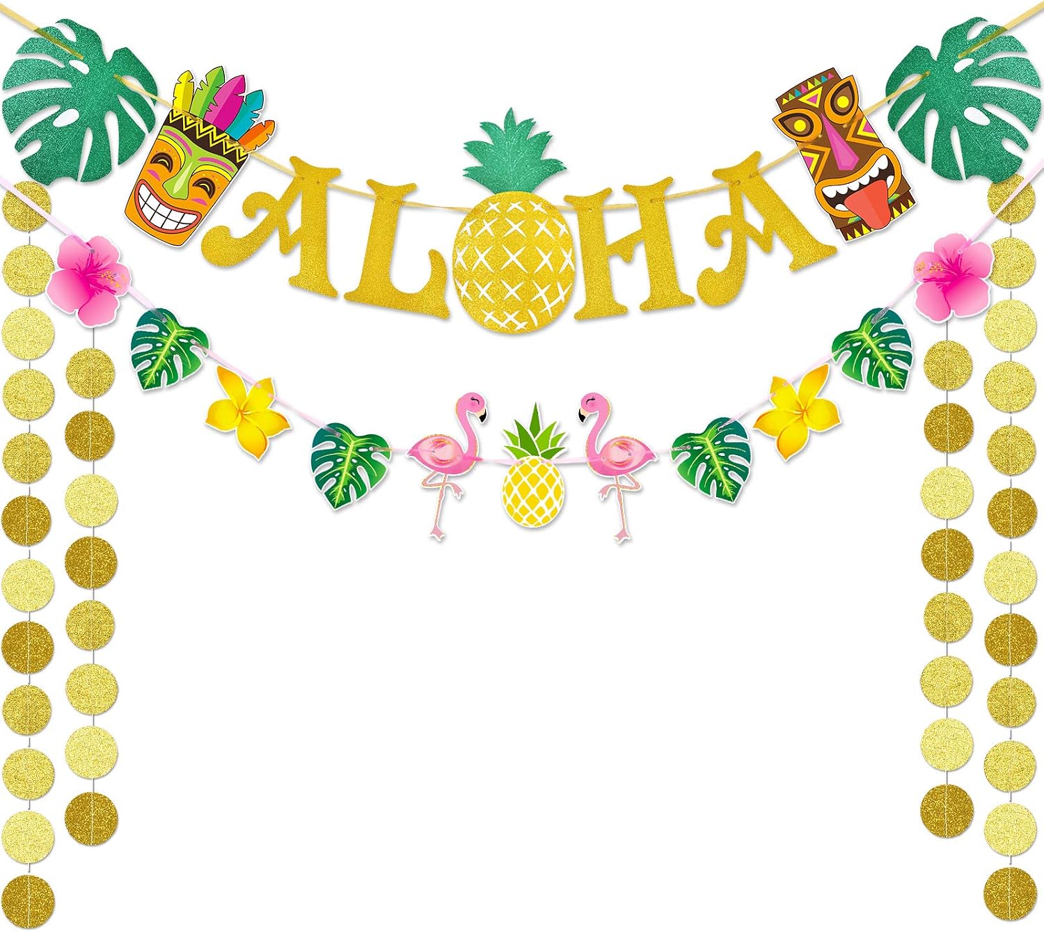 WERNNSAI Hawaiian Aloha Party Banner Decorations - Flamingo Pineapple Tiki Tropical Luau Party Supplies Favors Large Gold Glittery Aloha Sign Flag for Birthday Wedding Summer Beach Pool