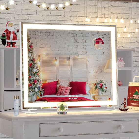 BEAUTME Vanity Mirror with Lights, Hollywood Makeup Mirror, Touch Screen Control 3 Colors Dimmable, with 10 × Magnifier, Tabletop or Wall Mounted for Bedroom, Silver, 60 x 50.7 cm [Energy Class F]