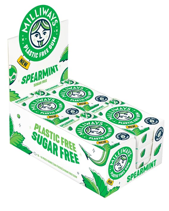 Milliways Spearmint | Plastic Free Gum | Xylitol, Aspartame-Free, Sugar-Free, Plant-Based, Natural Chewing Gum | 120 Pieces Total (12 Packs of 10 Pieces)
