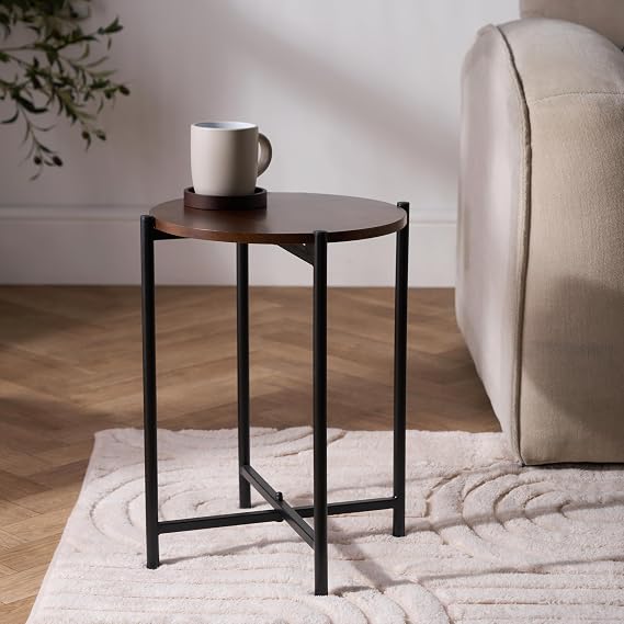 OHS Small Coffee Table, Dark Wood Top Round Side Table for Living Room End Tables with Sturdy Metal Frame Decorative Nightstand Bedside Tables for Bedroom Office