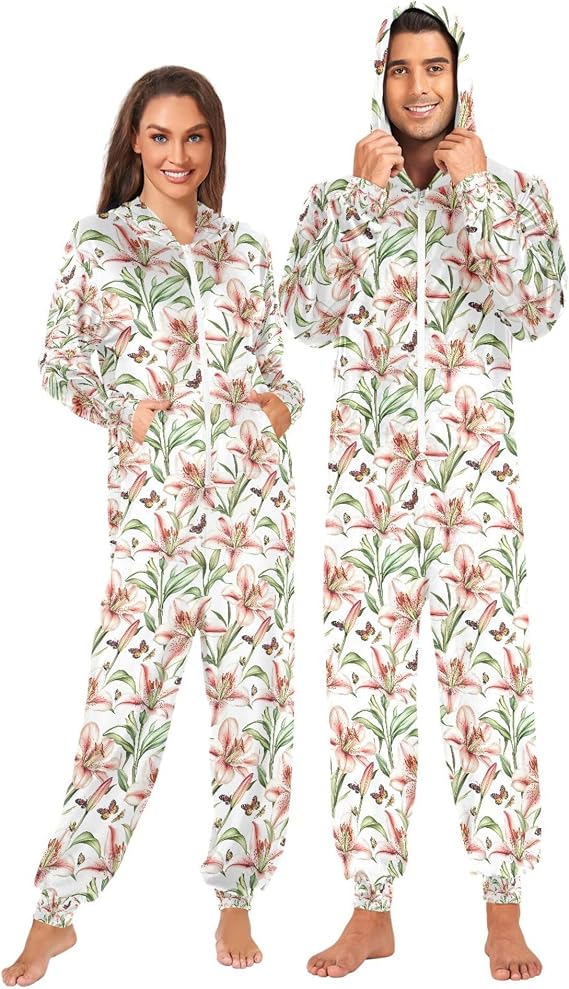 Onesie for Women Pajamas with Hooded 1-Piece Sleepwear Vintage Lily White Sleepwear