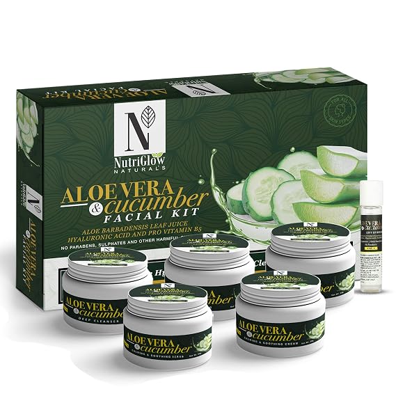 NutriGlow Natural's Aloe Vera & Cucumber Facial Kit For Radiant Skin, Replenish Moisture, Cleanse Pores, Calms Skin, Anti Aging (8.8 Oz + 0.3 Fl Oz)