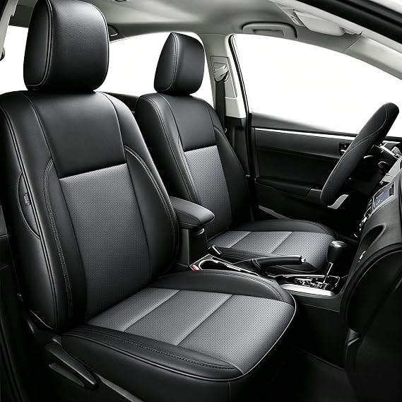 IKABEVEM Custom Fit Seat Covers for Toyota Corolla 2014-2019 Full Set | Black+Grey Seat Covers for Corolla LE, L, LE, Premium faux Leather, Breathable, waterproof, scratch defense, Precision Fit