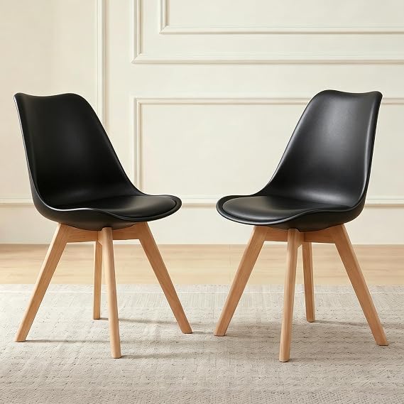 GOTMINSI Set of 2 Modern Style Chair Dining Chairs, Shell Lounge Plastic Chair with Natural Wood Legs (Black)