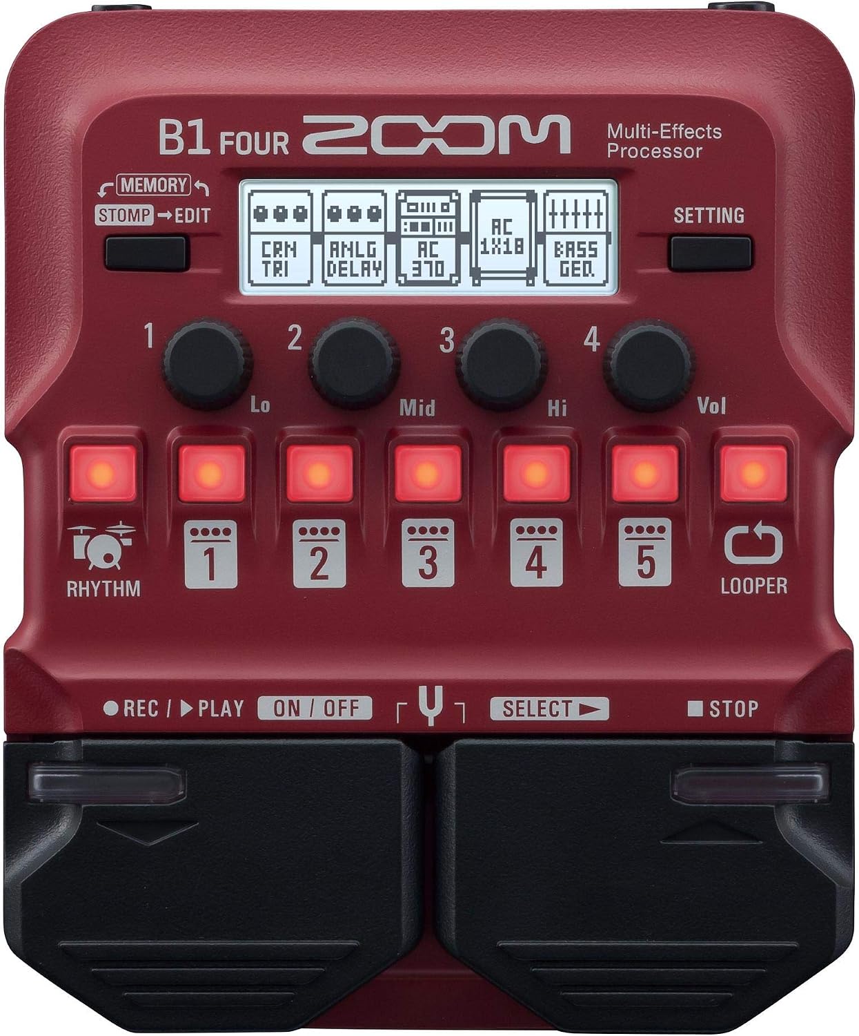 ZOOM B1 FOUR Compact bass multi-effects pedal with looper, drum machine, 70 effects & tuner for live & recording, stage & studio, red