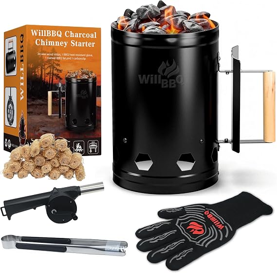 WILLBBQ BBQ Charcoal Chimney Starter Set with Cubes, Air Blower and Mitts