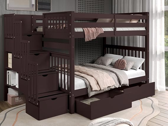 Bedz King Stairway Bunk Beds Full Over Full with 4 Drawers in the Steps and 2 Under Bed Drawers, Dark Cherry