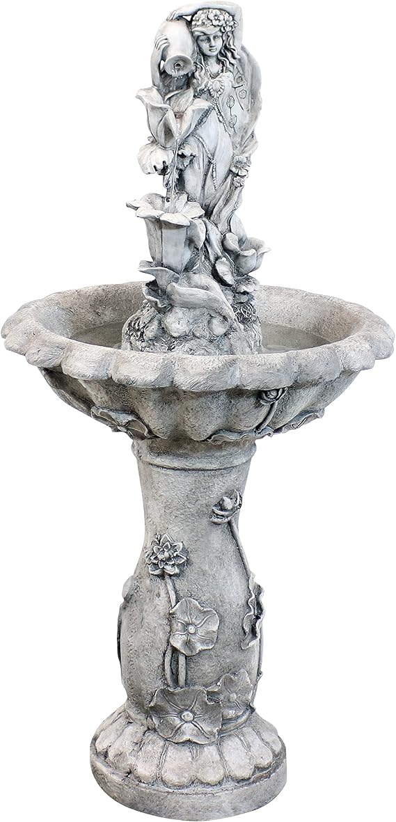 Sunnydaze 42" Fairy Flower Solar Water Fountain with LED Lights, Polyresin | Outdoor Water Fountain with 6hrs Battery Backup, Stone-look for Garden, Yard, Patio, Deck, Easy Assembly, Calming Water Sound