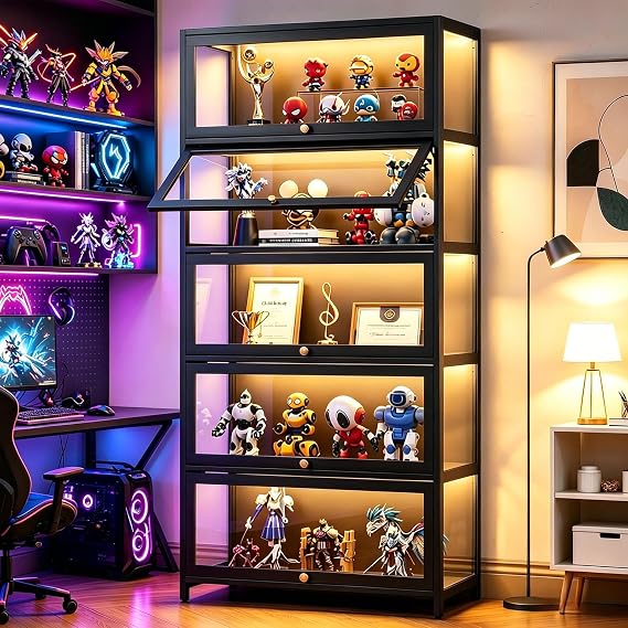 67" Tall Display Cabinet with Acrylic Glass Doors, 5-Tier Curio Cabinet - Collectibles Toy Organizers Rack & Display Shelf - Bookcase for Home Office Playroom Living Room Books Toys (Black)