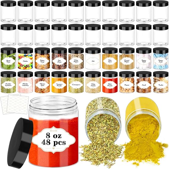 PeacePeo 8 OZ Plastic Jars with Lids, 48 Pcs Slime Storage Containers