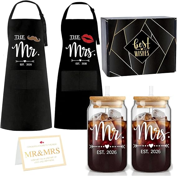 Mr Mrs Est 2026 Glass Cup and Apron Gift Set,Couples Engagement Gift, Bridal Shower Gifts for Couple, Newlyweds, Christmas Wedding Gifts for Couple Kitchen