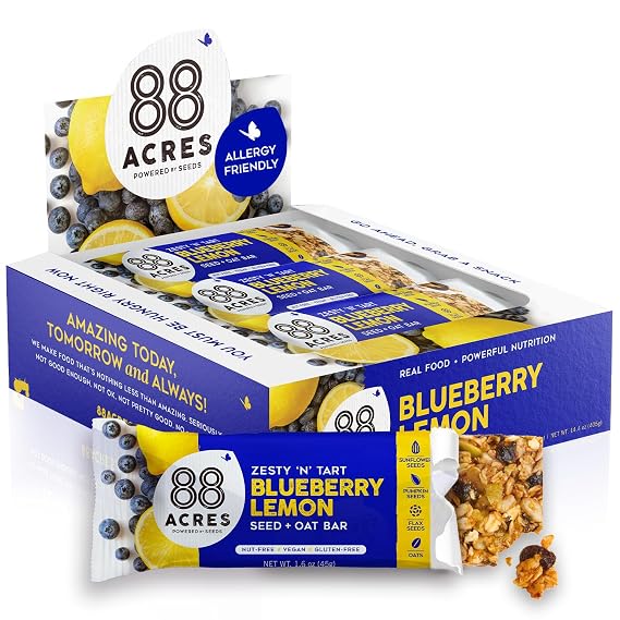 88 Acres Granola Bars, Blueberry Lemon, 12 Count, School Safe, Allergen Free Seed & Oat Snack Bar, Gluten & Nut Free, Vegan, Non-GMO & Kosher, Individually Wrapped