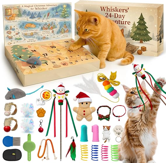 Cat Advent Calendar 2025, 24 Days Christmas Countdown Box for Cats with Interactive Toys, Catnip Balls & Feather Wand, Holiday Gifts for Cat Lovers
