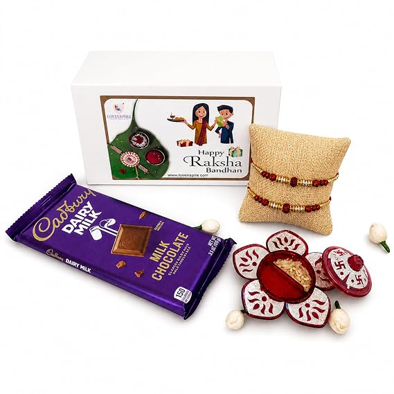 LoveNspire Rakhi Gift Hamper for Brother & Bhabhi Includes Designer Handmade Raksha Bandhan Bracelet Threads, Chocolate, Roli Chawal Hamper 2