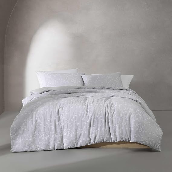 Calvin Klein Queen Duvet Cover Set, Crisp Cotton Percale Reversible Bedding with Hidden Button Closure & Corner Ties, 3 Piece Bed Set with Matching Pillowcases (Umbra Floral Grey)