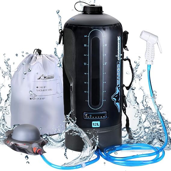 WADEO Camping Shower, Portable Shower, 3.2 Gallons/12L Camp Shower Bag with Upgraded Screw Lid, Water Level Window, Pressure Foot Pump, and Handy Nozzle, Solar Shower for Beach Camping Hiking Trip