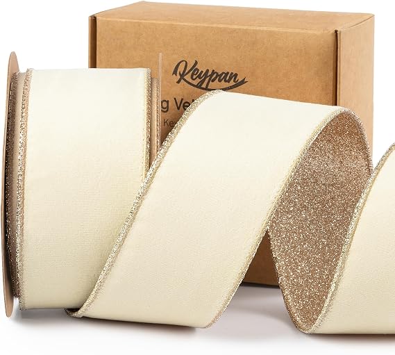 Keypan Champagne Gold Velvet Wired Christmas Ribbon, 2.5 Inch, 10 Yards