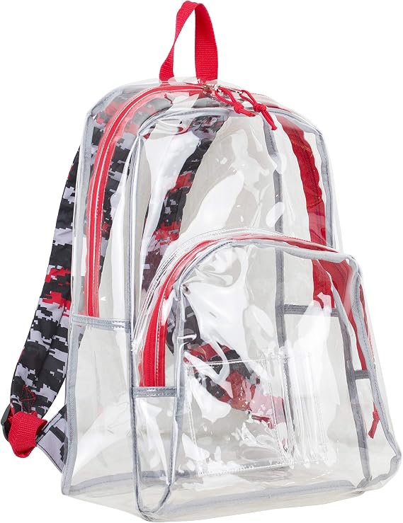 Eastsport Clear Backpack Stadium Approved See Through Transparent Heavy Duty with Padded Adjustable Straps Perfect for Travel, Security, Airports, Concerts, and Sporting Events - Poppy Red/Digital