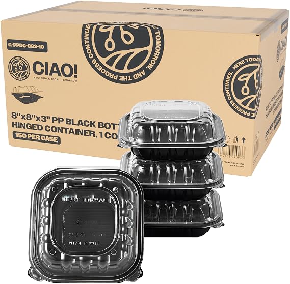 CIAO! 8"x8"x3" Polypropylene Black bottom with Clear Lid Hinged Container 1 Compartment Take Out Container, Microwavable, Recyclable and Reusable, (Case of 150)