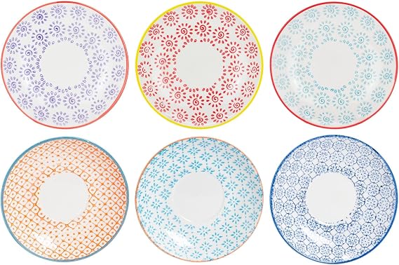 Nicola Spring Hand-Printed Cappuccino Saucers - 14.5cm - Multi - Pack of 6 - Stoneware Tea Dish Espresso Coffee Cup Plate