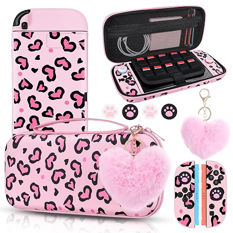 DLseego Carry Case for Switch 2,Heart Leopard Portable Storage Travel Game Carrying Case with NS 2 Dockable Protective Cover,4PCS Thumb Grip Cap and 1PC Plush Heart Charm,Pink
