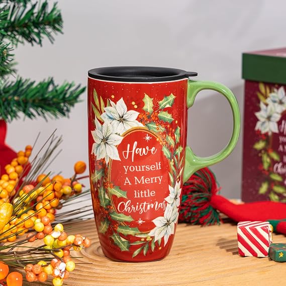 Topadorn 17oz Poinsettia Holly Ceramic Coffee Mug with Lid & Gift Box