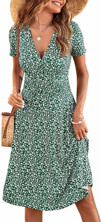 MSBASIC Womens Summer Wrap V Neck Casual Dresses Floral Short Sleeve A-Line Midi Sundress