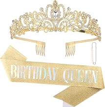 CAVETEE Gold Birthday Queen Sash & Tiara - Party Crowns for Women